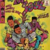 De La Soul vintage comic book style poster featuring the hip-hop trio in colorful cartoon artwork with yellow background and retro design elements.