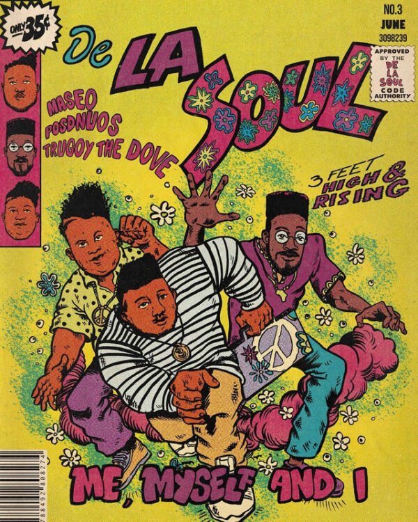 De La Soul vintage comic book style poster featuring the hip-hop trio in colorful cartoon artwork with yellow background and retro design elements.
