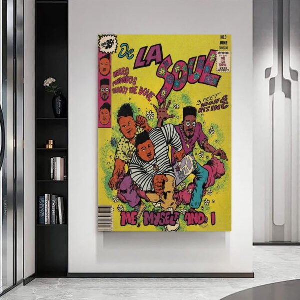 De La Soul vintage comic poster displayed on white wall in modern minimalist living room interior, hip-hop wall art home decor.