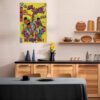 De La Soul vintage comic poster displayed in modern Scandinavian kitchen with wood cabinets and black countertops, kitchen wall art decor.