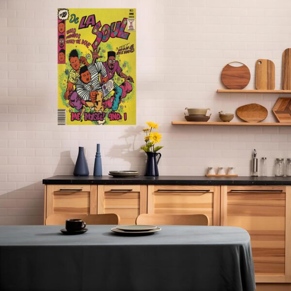 De La Soul vintage comic poster displayed in modern Scandinavian kitchen with wood cabinets and black countertops, kitchen wall art decor.