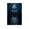 Horror canvas wall art featuring demonic nun with glowing yellow eyes and blue-gray skin, high-quality print for gothic home decor
