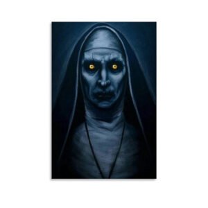 Horror canvas wall art featuring demonic nun with glowing yellow eyes and blue-gray skin, high-quality print for gothic home decor