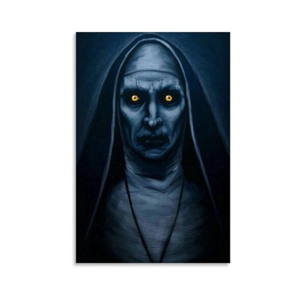 Horror canvas wall art featuring demonic nun with glowing yellow eyes and blue-gray skin, high-quality print for gothic home decor