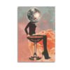 Surreal canvas art featuring disco ball head figure sitting on martini glass with coral sky background.