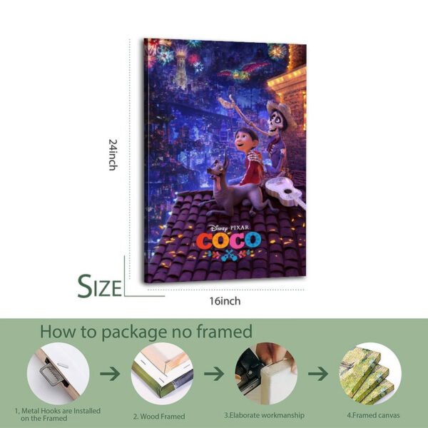 Disney Pixar Coco canvas print in 16x24 inch size with step-by-step packaging process showing metal hooks installation, wood framing, elaborate workmanship, and final framed canvas delivery for unframed canvas orders.