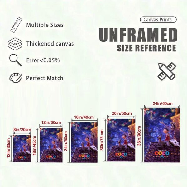 Disney Pixar Coco canvas print size reference chart showing 5 different dimensions from 8in/20cm to 24in/60cm with quality specifications including thickened canvas and error rate less than 0.05%.