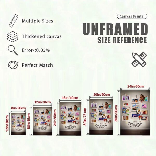 Disney Once Upon a Studio canvas print size reference chart showing 5 different dimensions from 8x12 inches to 24x36 inches with quality specifications.