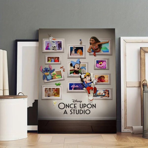 Disney Once Upon a Studio canvas print displayed in modern minimalist home interior with contemporary furniture and neutral color scheme.