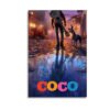 Disney Pixar Coco canvas art featuring Miguel with guitar and Dante in the Land of the Dead with marigold petals and mystical blue reflections.