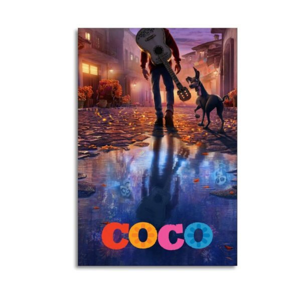 Disney Pixar Coco canvas art featuring Miguel with guitar and Dante in the Land of the Dead with marigold petals and mystical blue reflections.