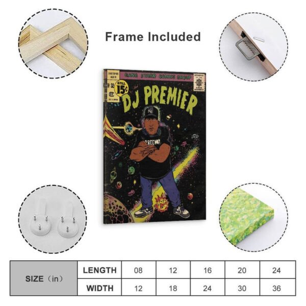 DJ Premier vintage comic book poster with premium wooden frame included, showing multiple size options from 8x12 to 24x36 inches, complete with hanging hardware and protective backing for ready-to-hang wall art display.