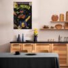 DJ Premier vintage comic book poster displayed in modern Scandinavian kitchen with warm wood cabinetry, black countertops, floating shelves with ceramics, and dining table, showcasing how hip hop wall art enhances contemporary culinary spaces.