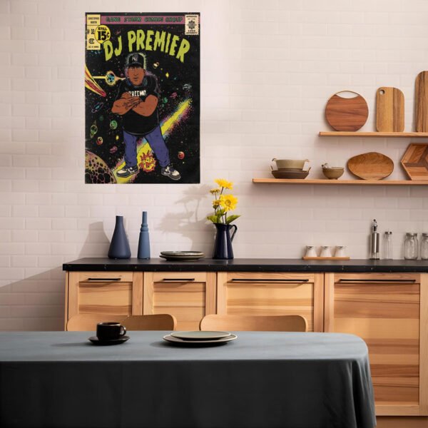 DJ Premier vintage comic book poster displayed in modern Scandinavian kitchen with warm wood cabinetry, black countertops, floating shelves with ceramics, and dining table, showcasing how hip hop wall art enhances contemporary culinary spaces.