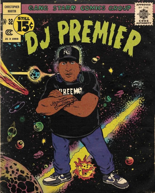 DJ Premier vintage comic book poster in authentic 1960s Marvel Comics style, featuring Christopher Martin in cosmic space setting with NY cap and PREEMO hoodie, surrounded by colorful planets and stars, complete with Gang Starr Comics Group branding, 15¢ pricing, and Comics Code Authority approval.