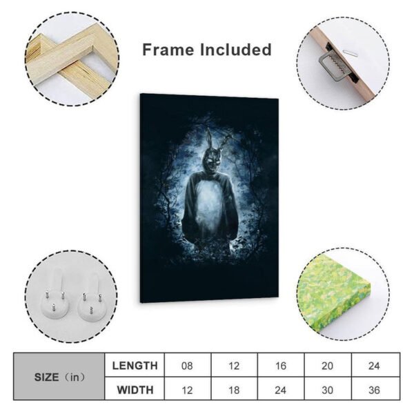 Donnie Darko framed canvas wall art with wooden frame, hanging hardware, and size chart showing multiple dimensions