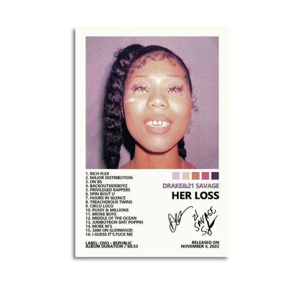 Drake 21 Savage Her Loss official album poster with track listing and artist signatures for hip hop wall art decor