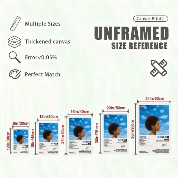 Drake Nothing Was The Same canvas print size reference chart showing multiple dimensions and premium quality specifications