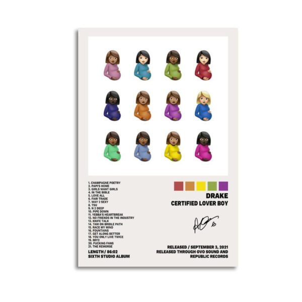 Drake Certified Lover Boy album cover featuring 12 diverse pregnant woman emojis with complete 21-track listing