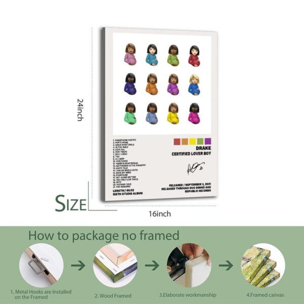 Drake Certified Lover Boy framed poster with emoji artwork and professional canvas packaging process demonstration