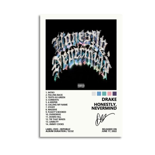 Drake Honestly Nevermind album artwork framed print with complete tracklist and artist signature