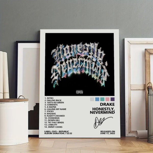 Framed Drake Honestly Nevermind album poster with tracklist displayed in modern home interior