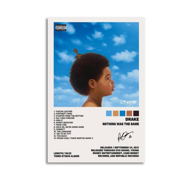 Drake Nothing Was The Same album poster featuring complete track listing and iconic childhood artwork design