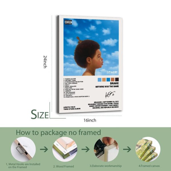 Drake Nothing Was The Same album poster product details with track listing and unframed canvas packaging instructions