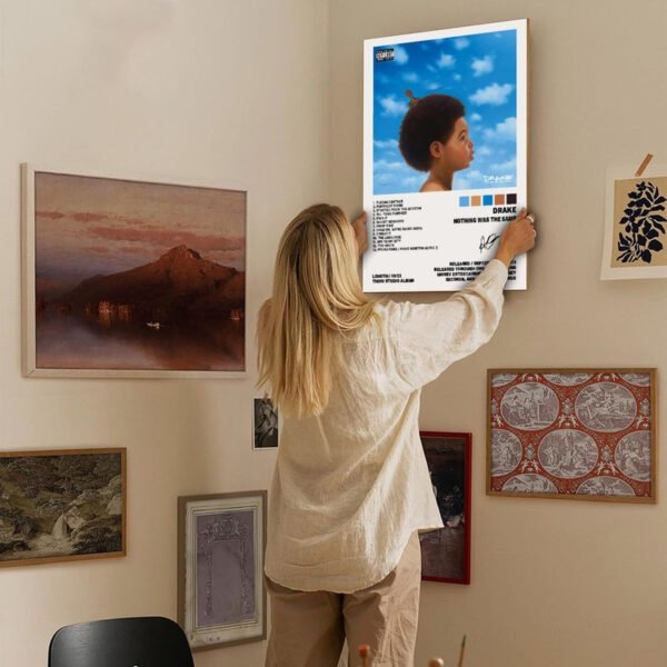 Person hanging Drake Nothing Was The Same album poster on gallery wall as home decor art