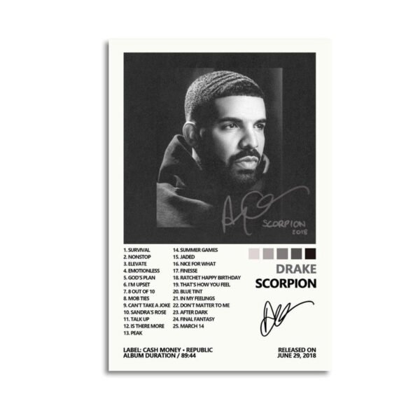Drake Scorpion album poster featuring black and white portrait with signature and complete 25-track listing from 2018 double album