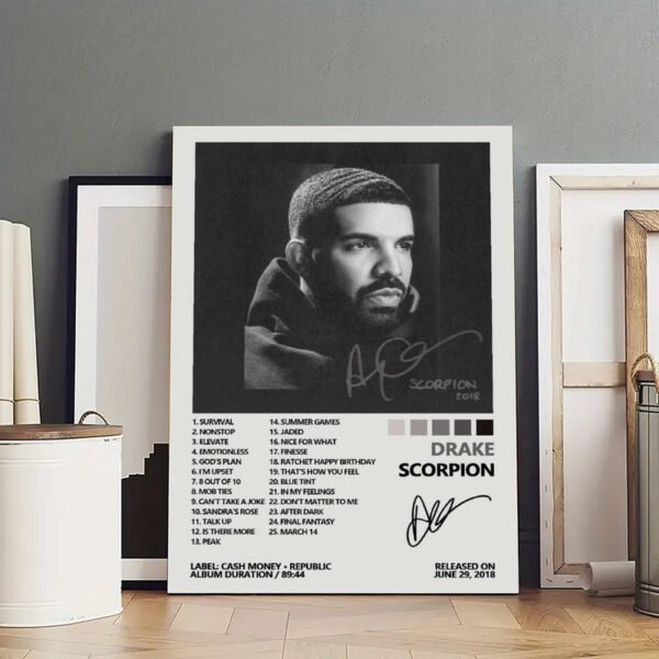 Framed Drake Scorpion album poster with complete track listing displayed in modern minimalist interior alongside contemporary art pieces