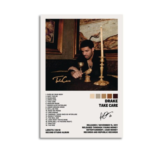 Drake Take Care album poster with complete 18-track listing and candlelit album artwork from 2011 release