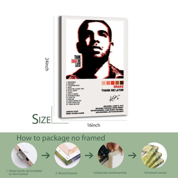 Drake Thank Me Later album poster 24-inch display with complete track listing and 4-step professional framing packaging process from metal hooks to finished canvas
