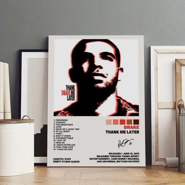 Drake Thank Me Later debut album poster with complete 14-track listing displayed in modern minimalist interior with concrete walls and wooden flooring