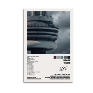 Drake Views album cover poster featuring CN Tower Toronto skyline with complete 20-track listing including One Dance, Controlla, and Hotline Bling from 2016 fourth studio album