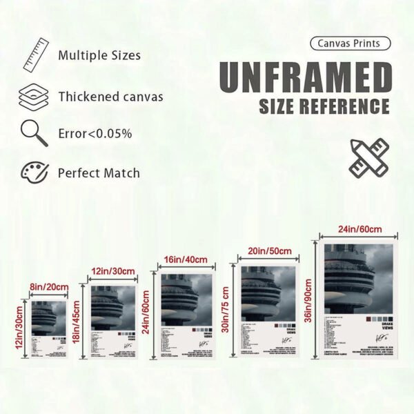 Drake Views canvas print size reference guide showing 5 dimensions from 8in to 24in with thickened canvas and perfect color matching specifications