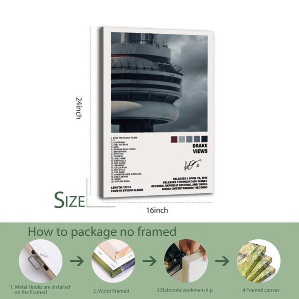 Drake Views poster size comparison 16*24 inch with CN Tower artwork, complete track listing, and unframed canvas packaging guide showing metal hooks and wood frame installation