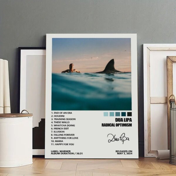 Dua Lipa Radical Optimism album poster framed as wall art in modern home interior