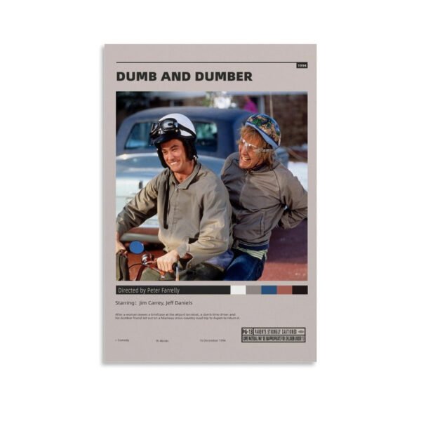 Minimalist Dumb and Dumber movie poster featuring Jim Carrey and Jeff Daniels in winter ski gear, 1994 comedy film directed by Peter Farrelly.