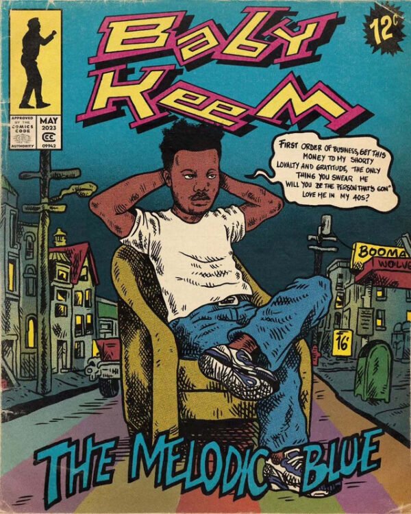 East Keem comic book poster The Melodic Blue vintage hip hop wall art with urban street scene