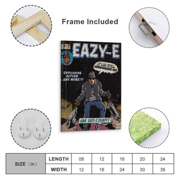 Eazy-E vintage comic book poster with premium frame included, ready to hang wall art featuring authentic 1990s hip hop design, available in multiple sizes from 8x12 to 24x36 inches with professional framing and hanging hardware.
