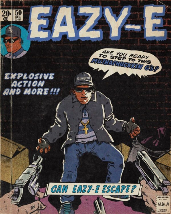 Authentic Eazy-E vintage comic book poster featuring 1990s hip hop comic art with Compton branding, N.W.A approval stamp, dramatic action scenes, and classic comic book styling perfect for hip hop collectors and street culture enthusiasts.