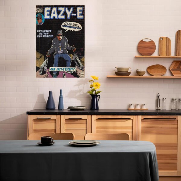 Eazy-E vintage comic book poster displayed as premium wall art in modern contemporary kitchen with wood cabinetry, black countertops, and floating shelves, showcasing how retro hip hop culture integrates with sophisticated culinary space design.