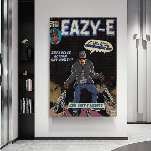 Eazy-E vintage comic book poster displayed as premium wall art in modern contemporary interior with built-in shelving and minimalist design, showcasing how retro hip hop culture integrates with luxury home decor.