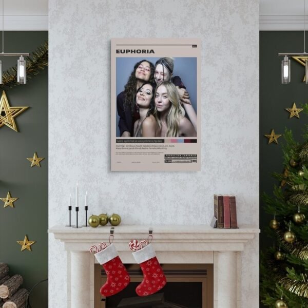 Euphoria HBO poster displayed as wall art above fireplace mantel in elegant home interior with Christmas decorations and contemporary styling.