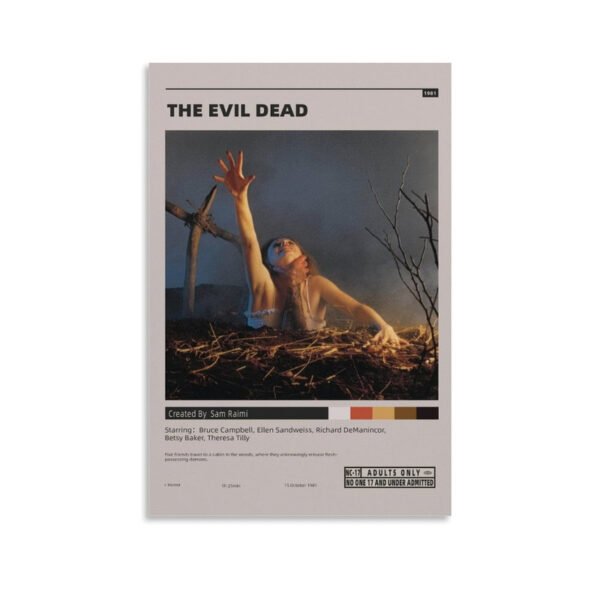The Evil Dead 1981 original movie poster featuring Sam Raimi's classic horror film with Bruce Campbell and cast information