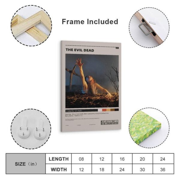 The Evil Dead framed movie poster with frame included, hanging hardware, and size chart showing dimensions from 8x12 to 24x36 inches