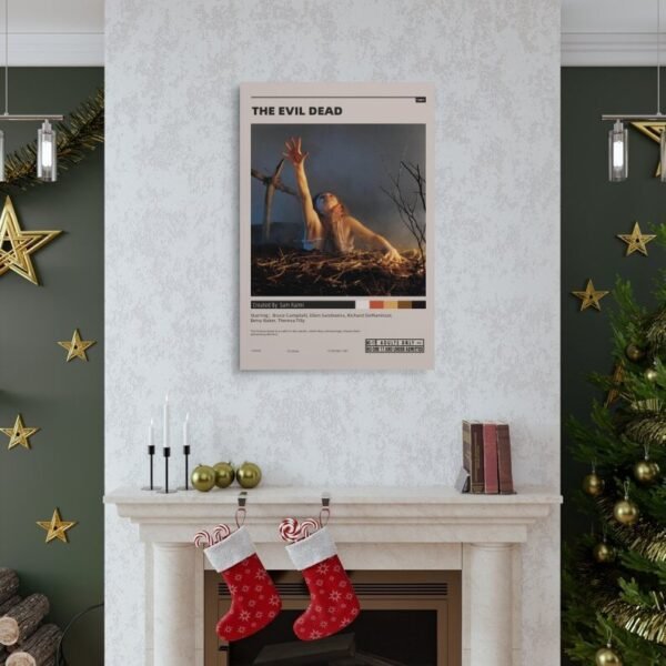 The Evil Dead vintage movie poster displayed as elegant wall art above fireplace mantel in sophisticated living room with Christmas decorations