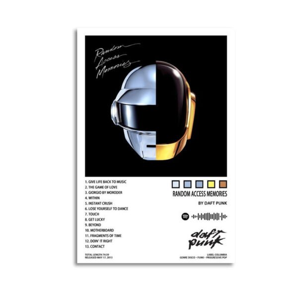 Daft Punk Random Access Memories album poster with chrome helmet artwork and complete track listing for wall decoration