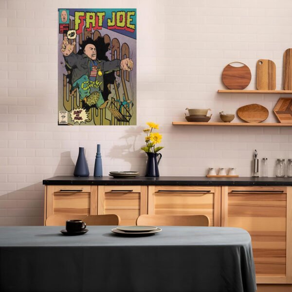 fat-joe-poster-modern-kitchen-decor.jpg Fat Joe vintage hip-hop poster displayed as wall art in modern Scandinavian kitchen with wood cabinets and minimalist design.